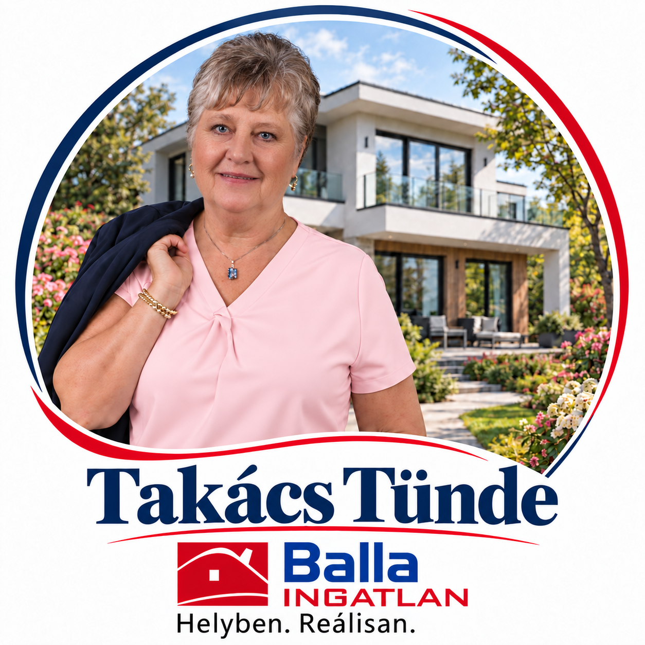 Takács Tünde személyes Balla Ingatlan-logója: portré egyszínű rózsaszín blúzban, modern családi házzal